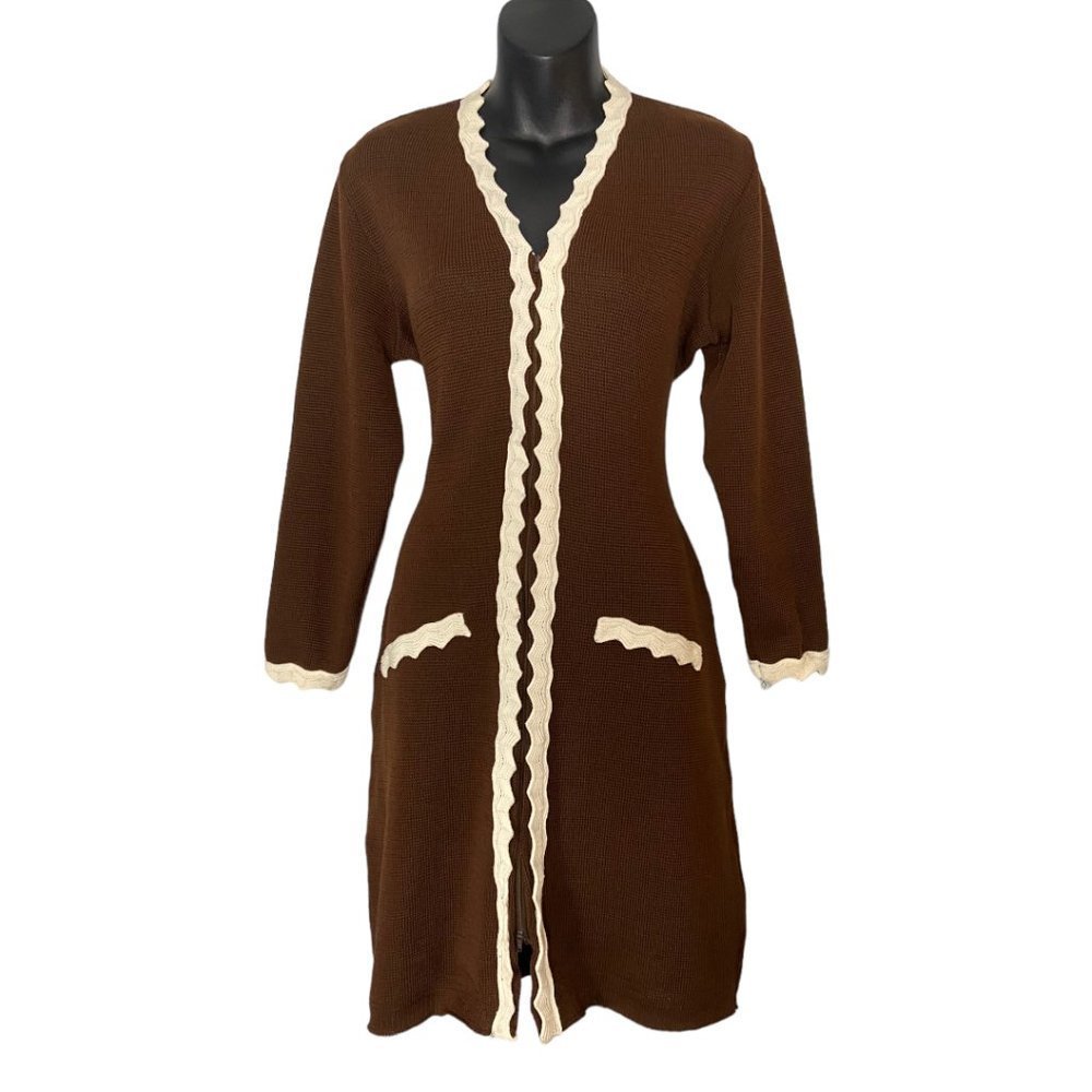 VINTAGE 70s Lillian Knitting Mills Canada Zip Up Brown Shirt Dress Size 16
